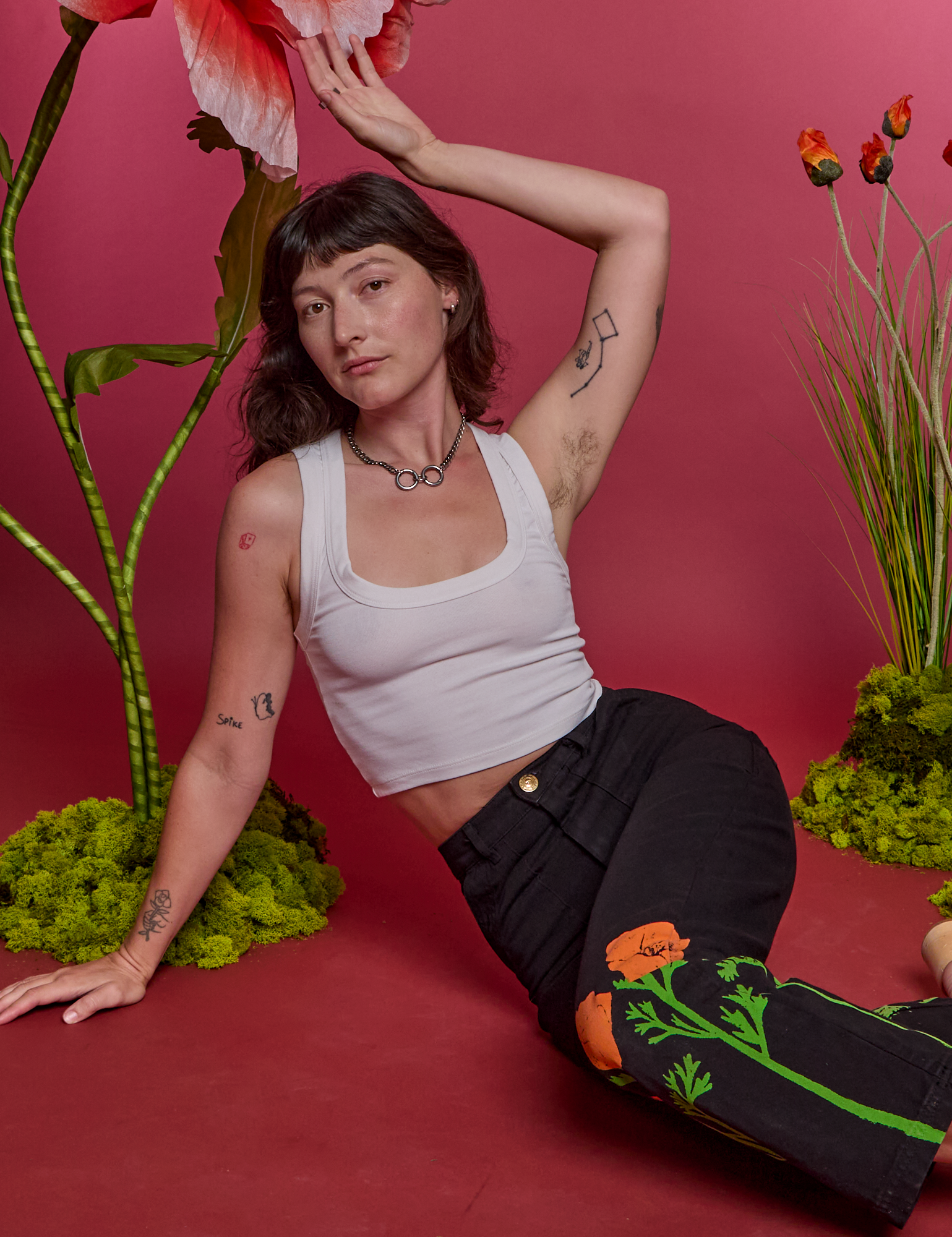 Paintstamped Work Pants in Poppy and Cropped Tank in Vintage Tee White on Alex