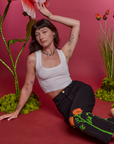 Paintstamped Work Pants in Poppy and Cropped Tank in Vintage Tee White on Alex
