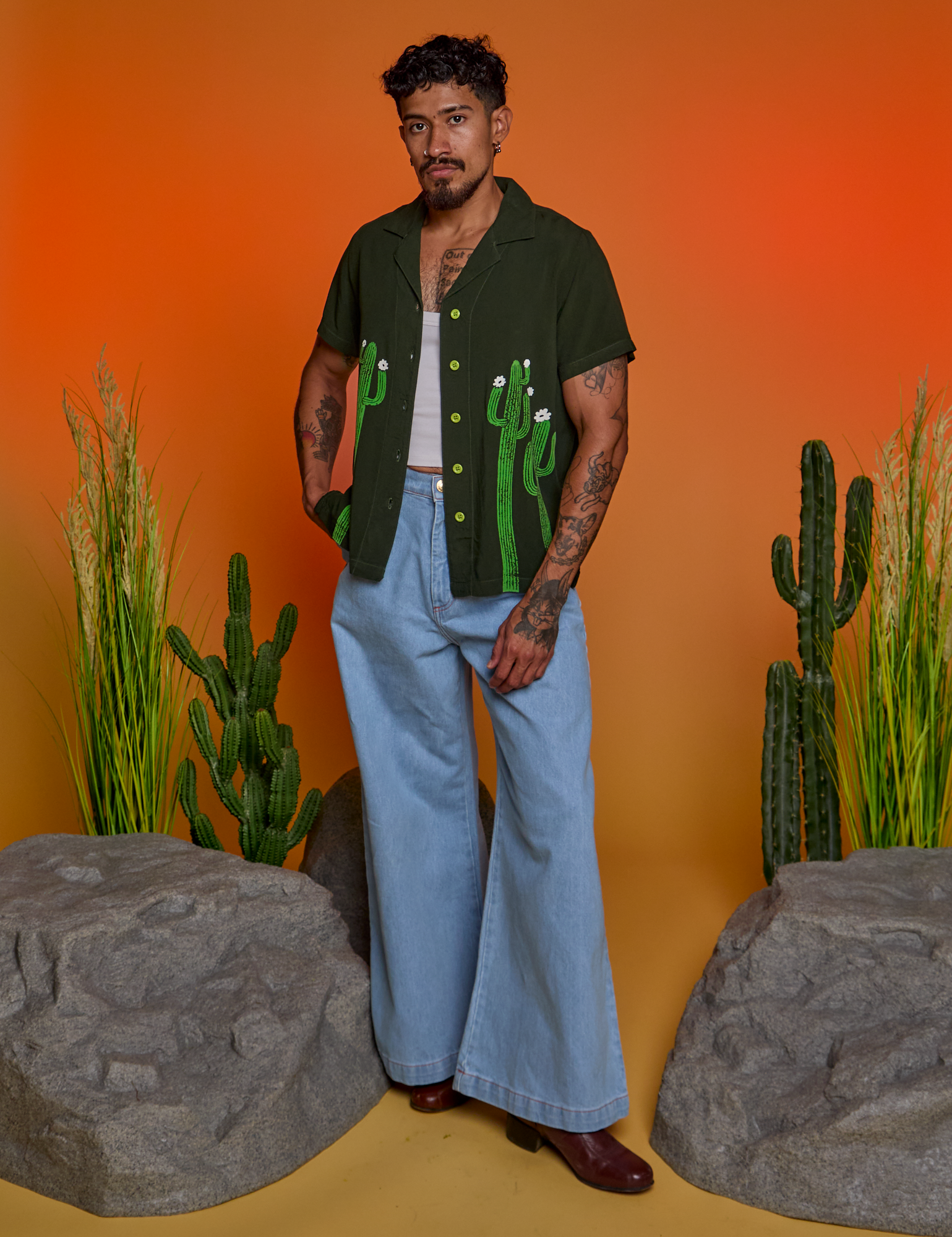 Paintstamped Pantry Button-Up in Cactus and light wash Indigo Wide Leg Trousers on Jesse