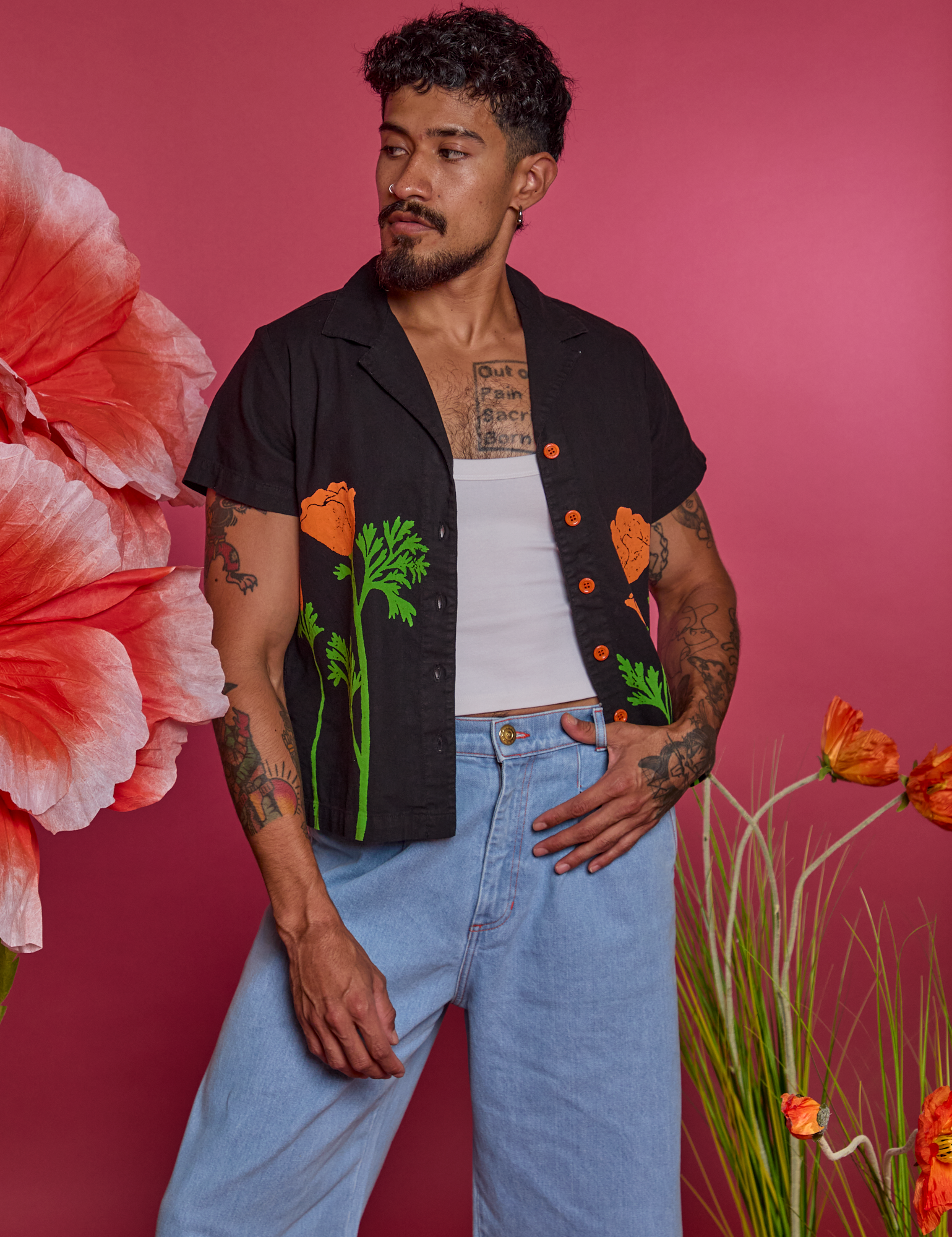 Jesse is 5&#39;8&quot; and wearing XS Paintstamped Pantry Button-Up in Poppy