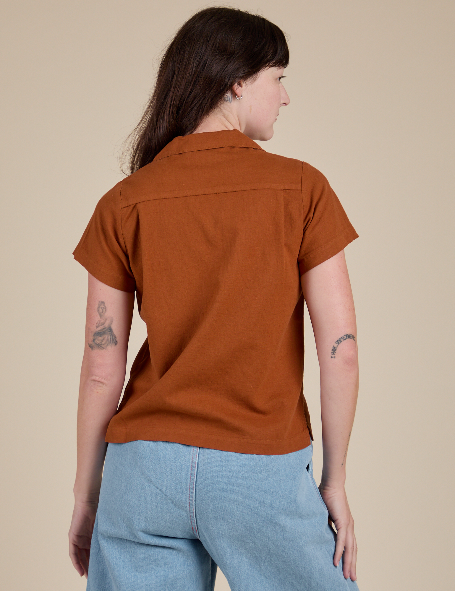Pantry Button-Up in Burnt Terracotta back view on Alex
