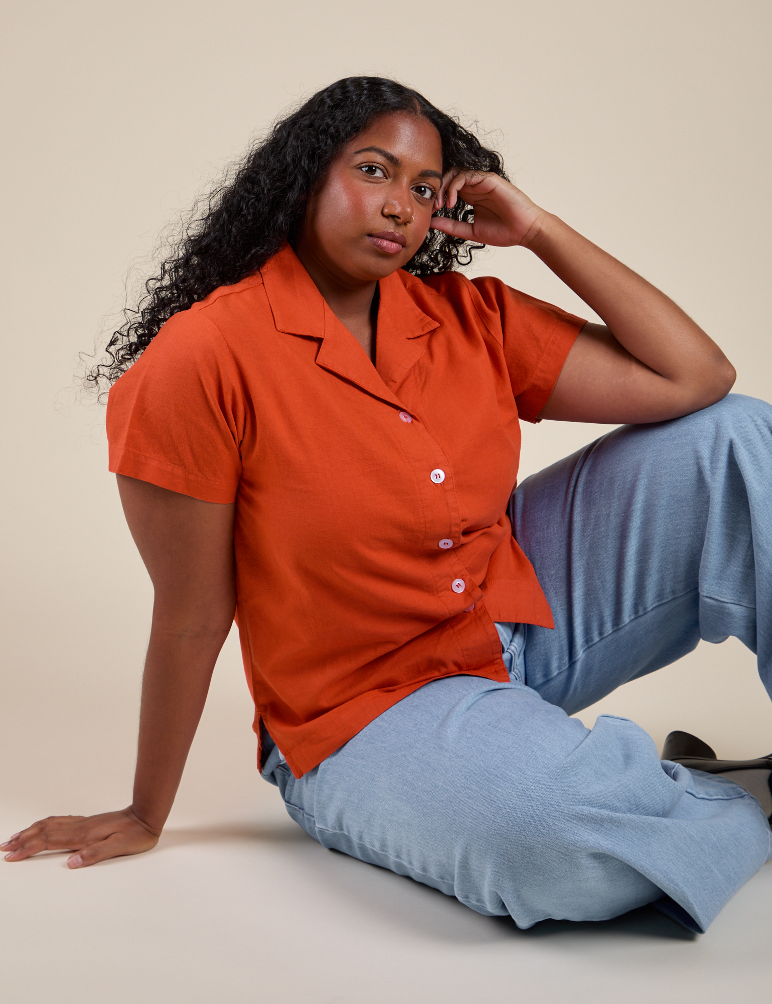 Pantry Button-Up in Chili Red worn by Meghna
