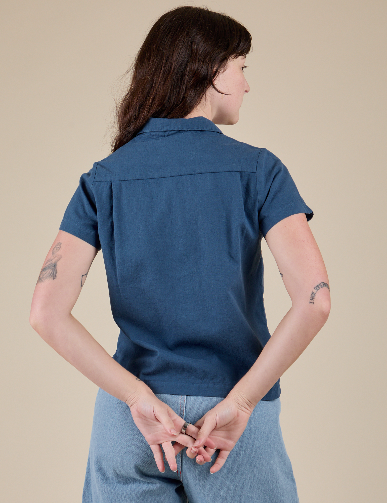 Pantry Button-Up in French Blue back view on Alex