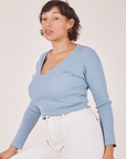Tiara is 5'4" and wearing XS Long Sleeve V-Neck Tee in Periwinkle