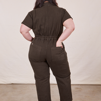 Petite Short Sleeve Jumpsuit in Espresso Brown back view on Ashley