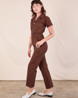 Short Sleeve Jumpsuit in Fudgesicle Brown side view on Alex