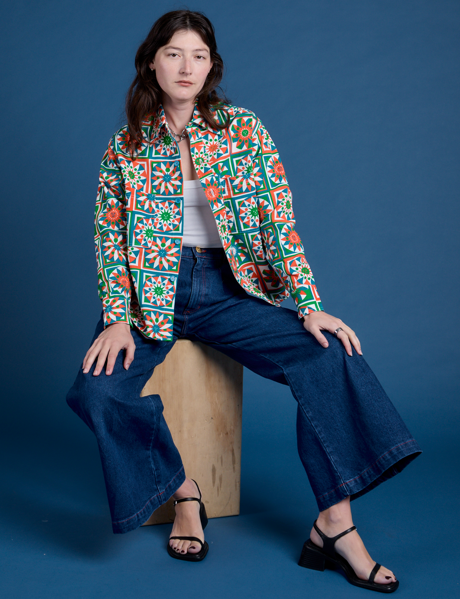 Cropped Overshirt in Quilt Print and dark wash Indigo Wide Leg Trousers on Alex