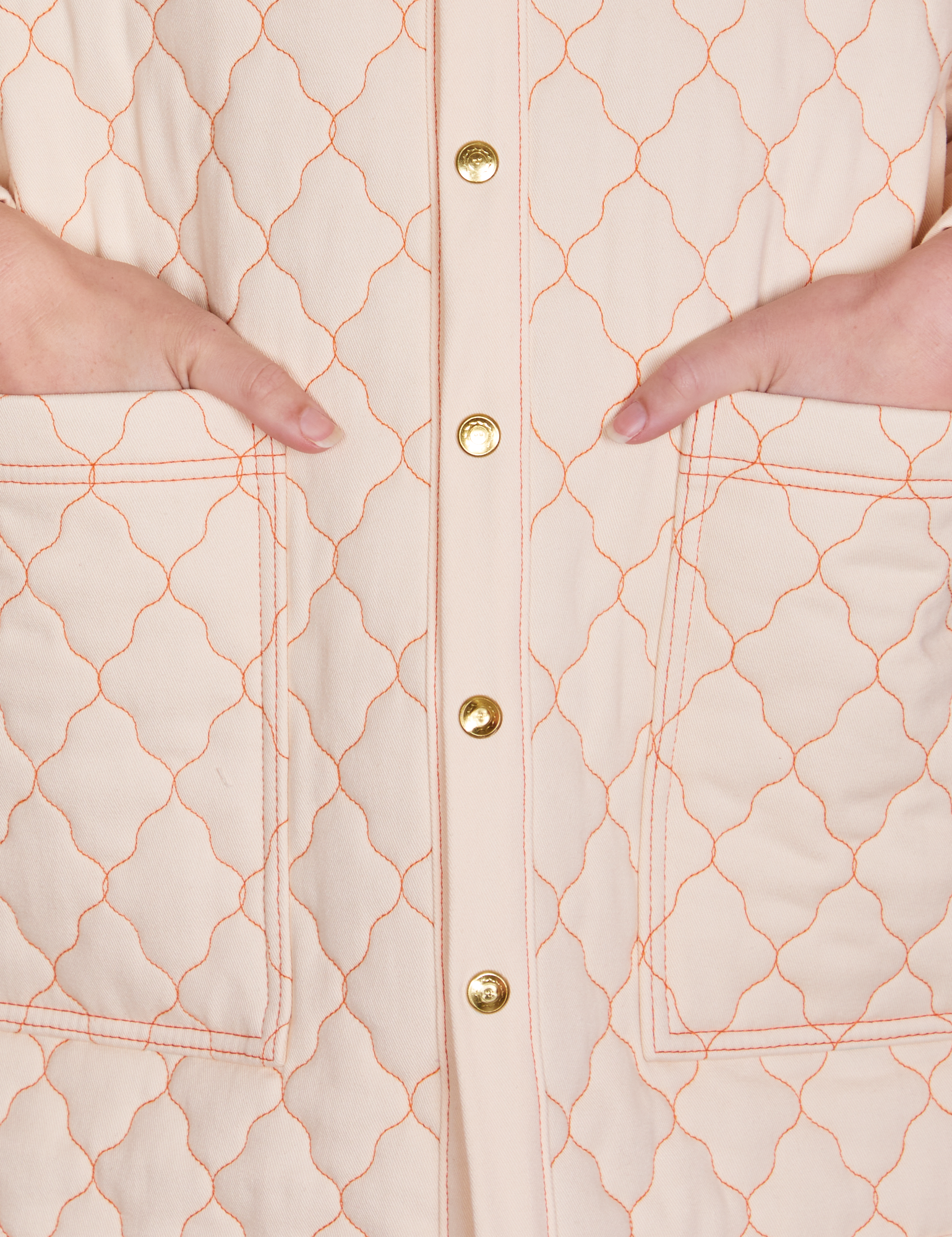 Front close up of Quilted Overcoat in Vintage Off-White on Alex