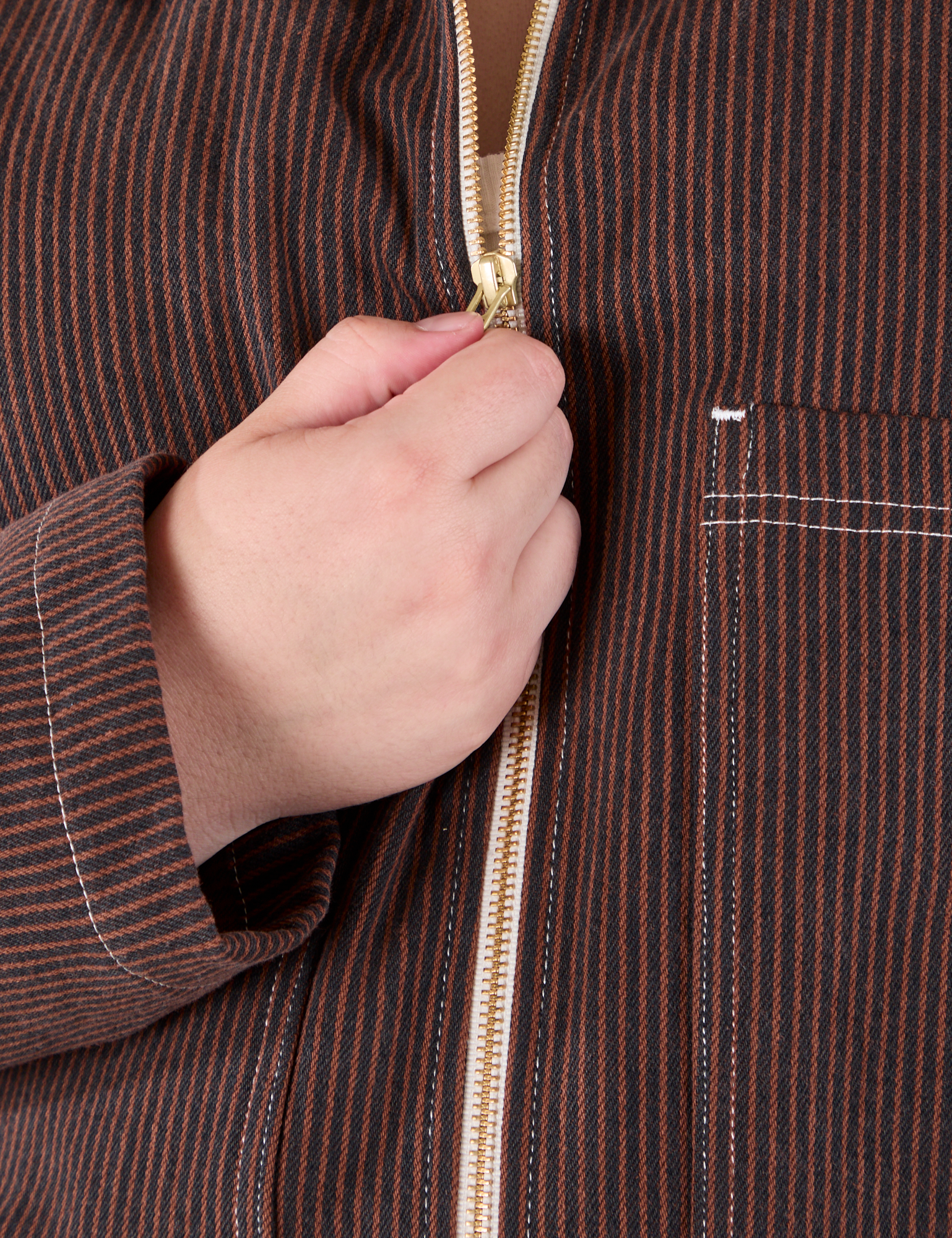 Mechanic Jacket in Fudgesicle Brown front zipper close up 