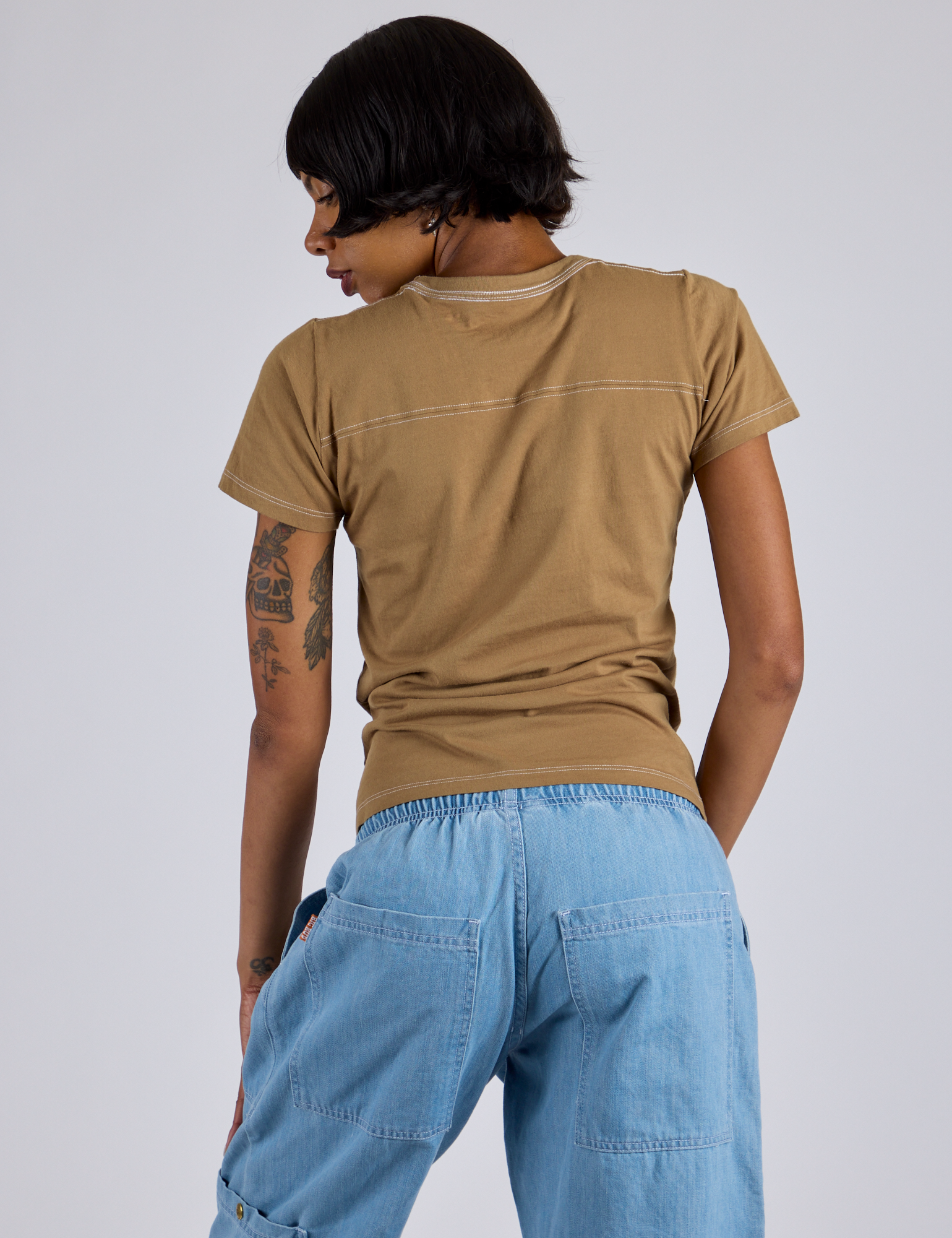 Jr. Varsity Tee in Desert Brown back view on Kira
