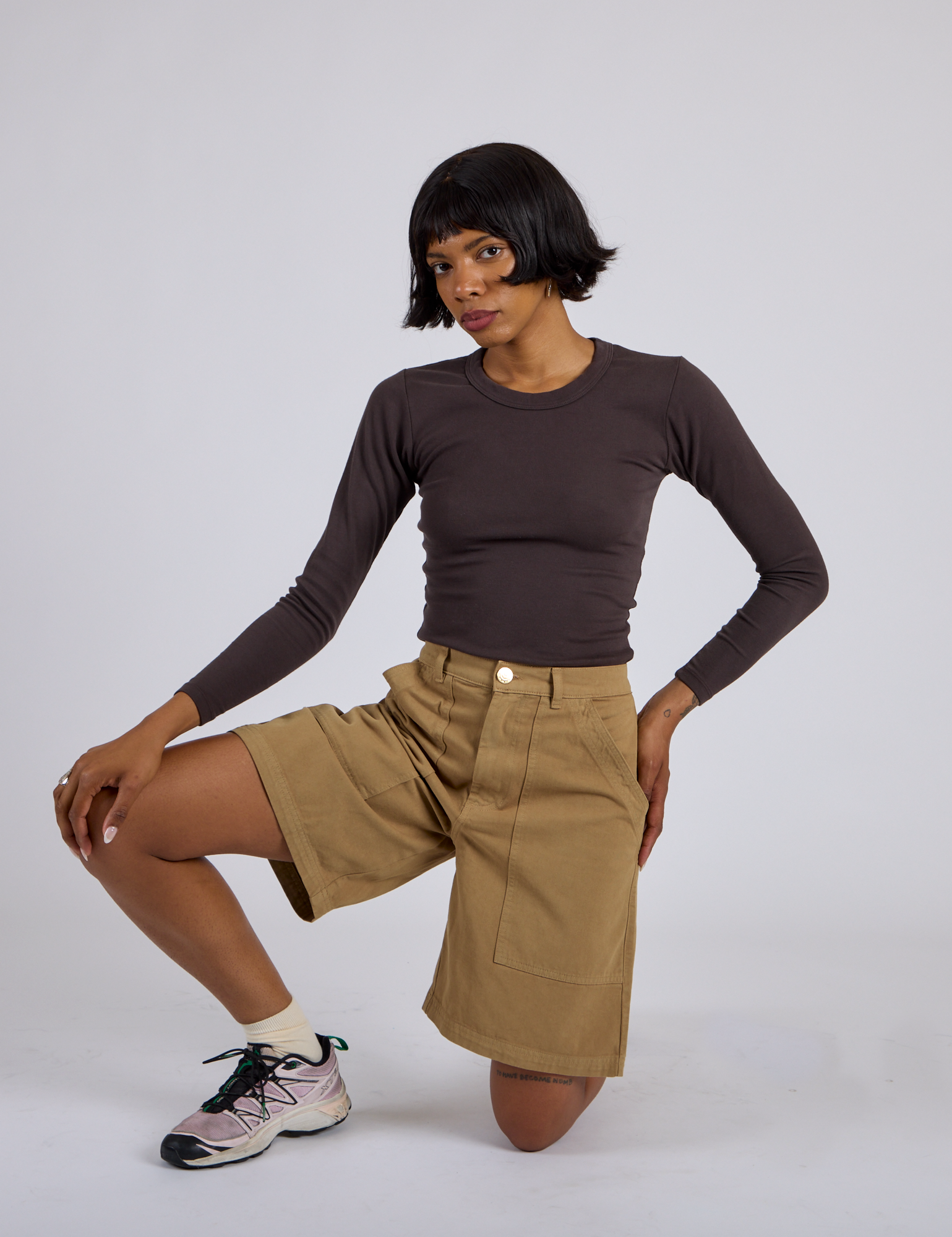Longline Work Shorts in Desert Brown and espresso brown Long Sleeve Baby Tee on Kira