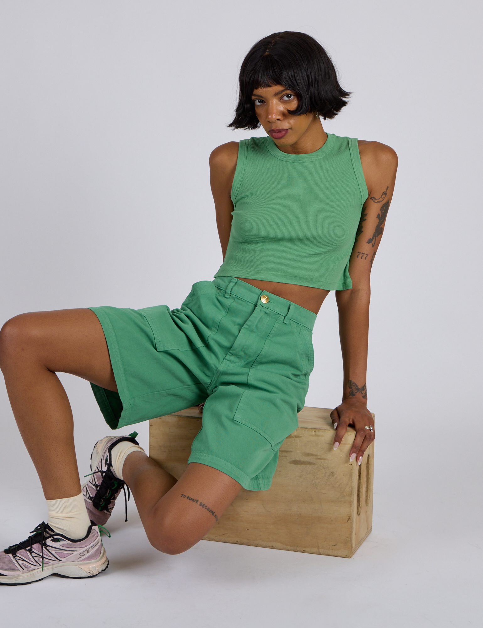Longline Work Shorts in Seafoam Green and matching Muscle Tee on Kira
