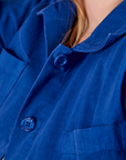 Ripstop Work Jacket in Royal Blue front button placket closet up on Juliet