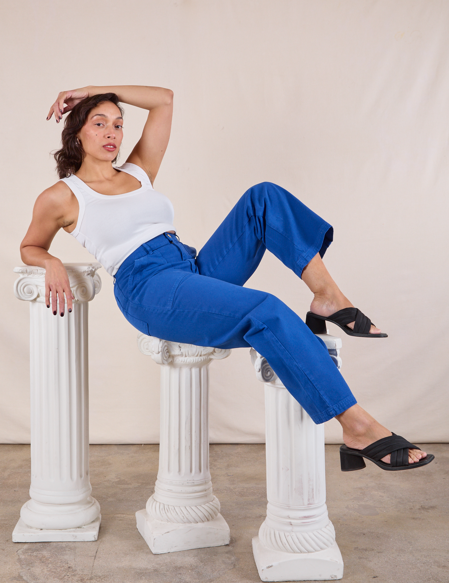 Work Pants in Royal Blue and Cropped Tank in Vintage Tee Off-White on Tiara