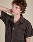Front close up of Short Sleeve Jumpsuit in Espresso Brown on Quinn