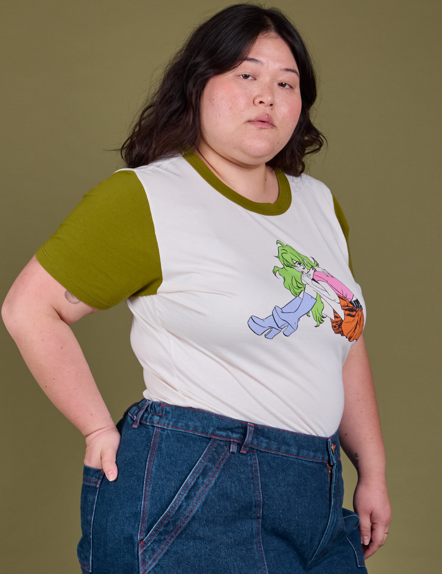 Olive Lottie Tee side view on Ashley