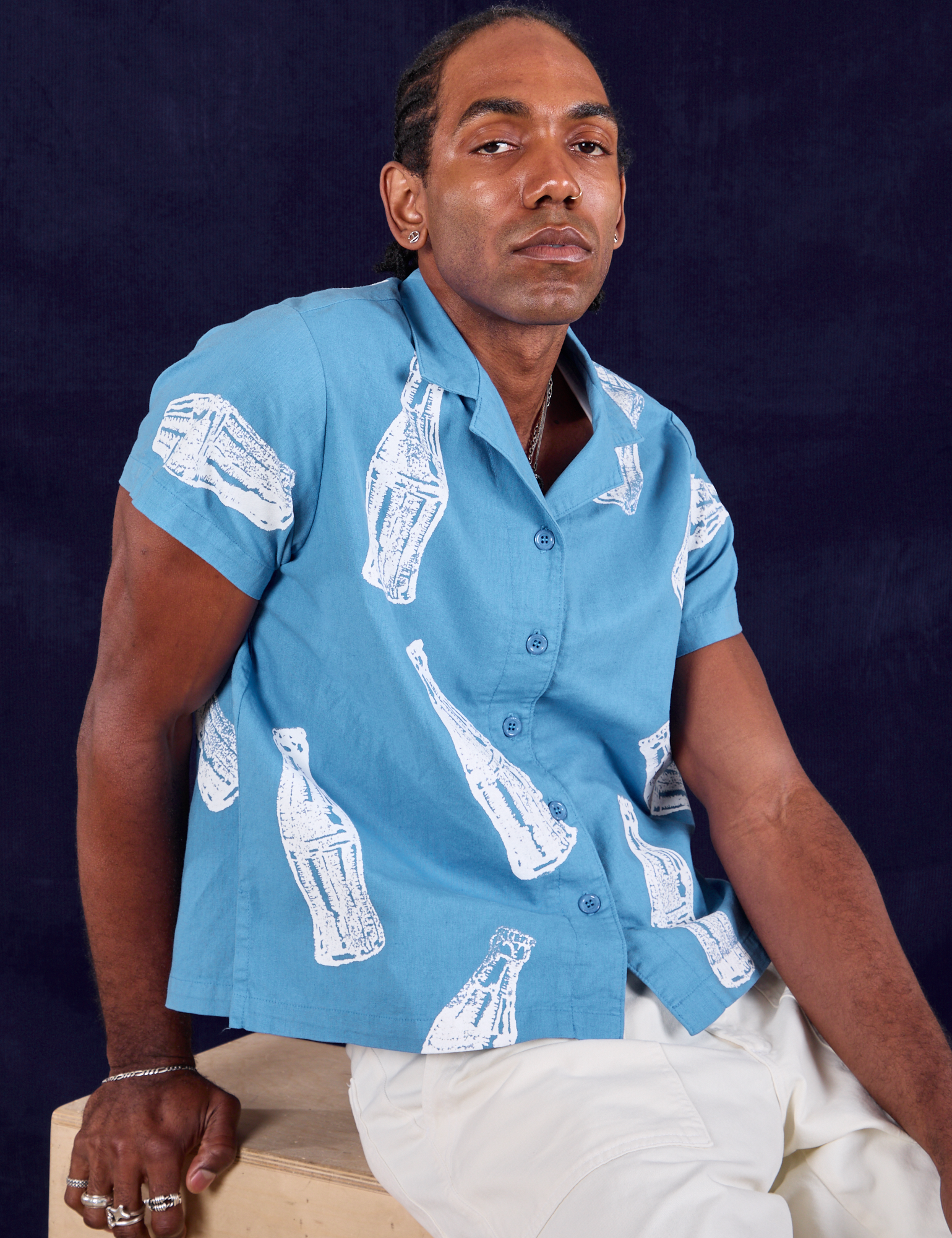 Soda Bottle Pantry Button-Up in Greek Blue worn by Jerrod