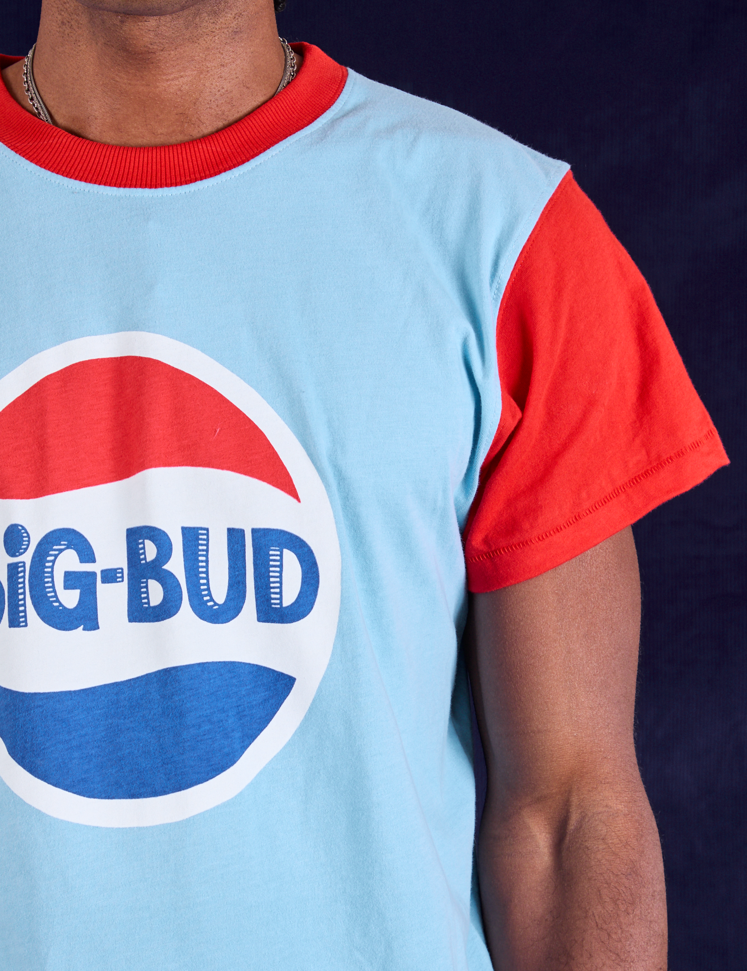 Vintage Tee in Cola front close up on Jerrod