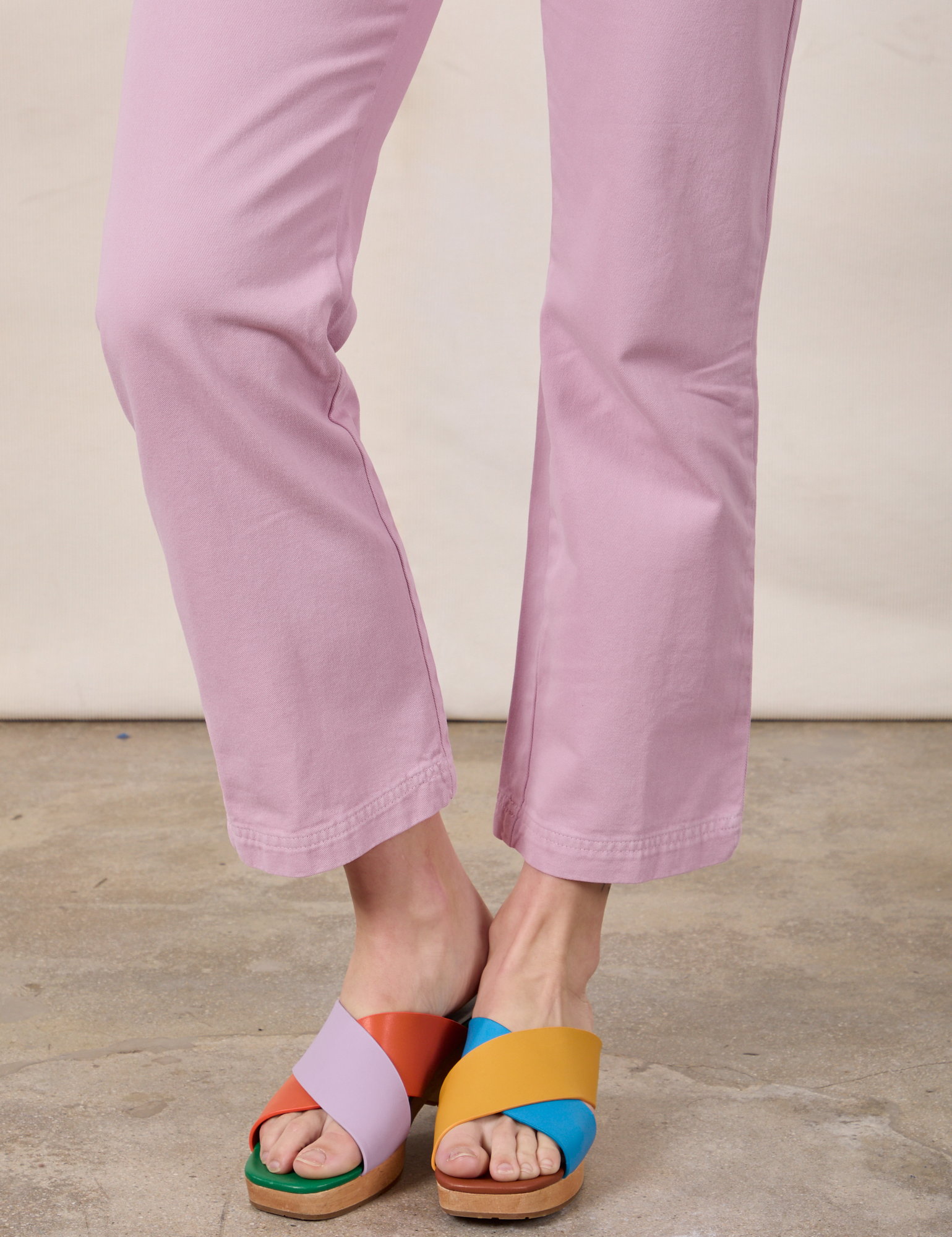 Short Sleeve Jumpsuit in Lilac pant leg close up on Alex