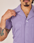 Front close up of Short Sleeve Jumpsuit in Faded Grape worn by Jesse