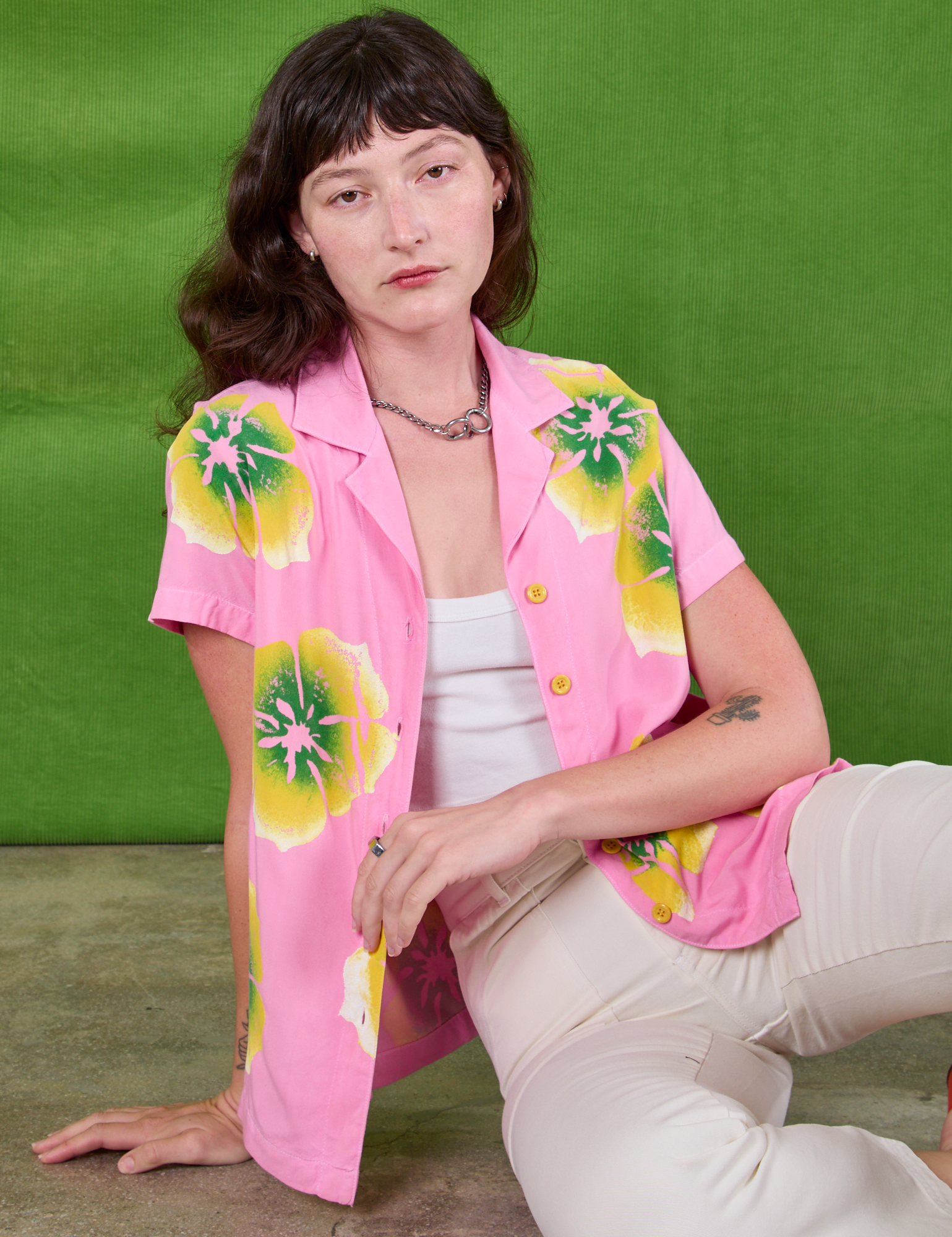 Paintstamped Pantry Button-Up in Bubblegum Pink worn by Alex