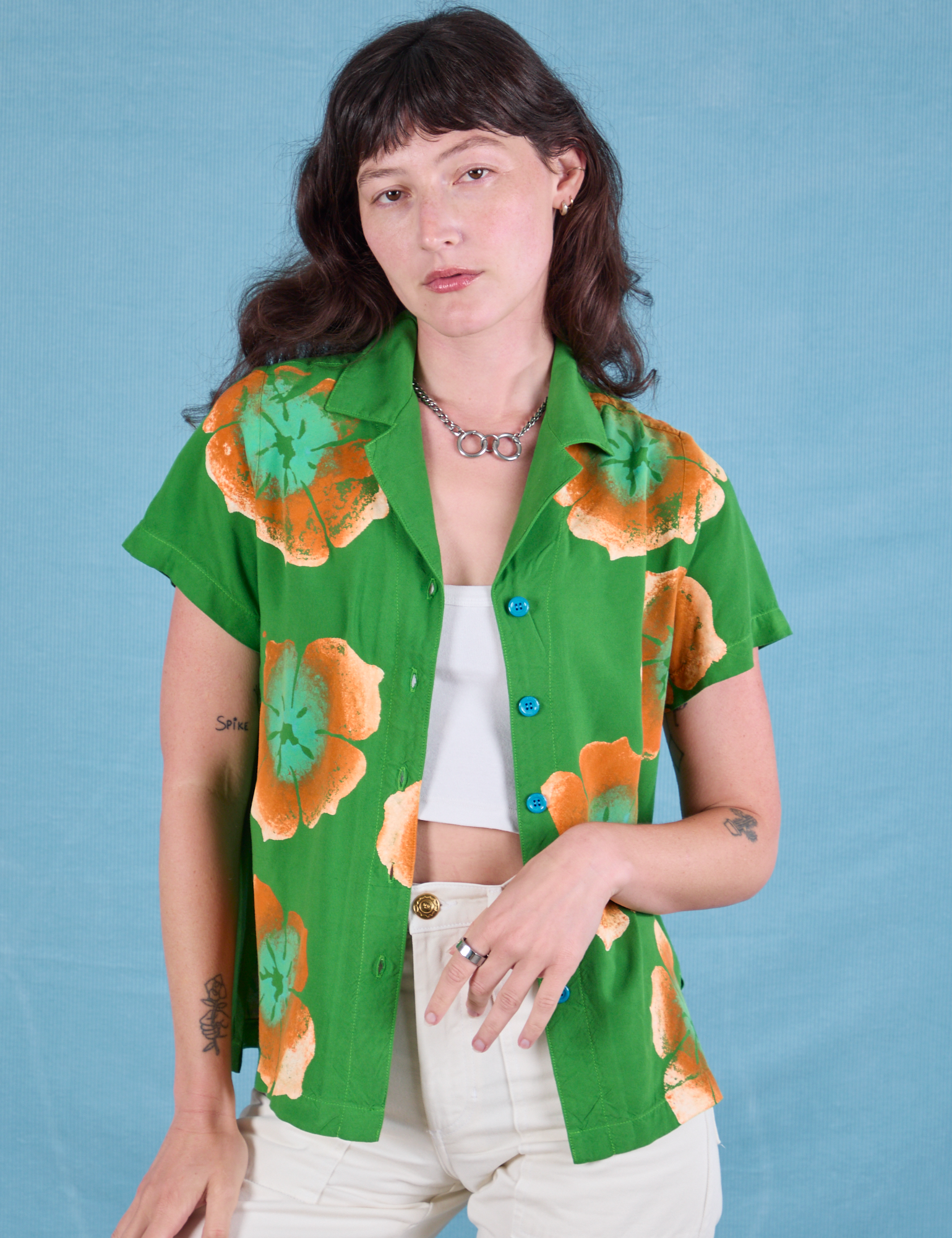 Paintstamped Pantry Button-Up in Kelly Green on Alex
