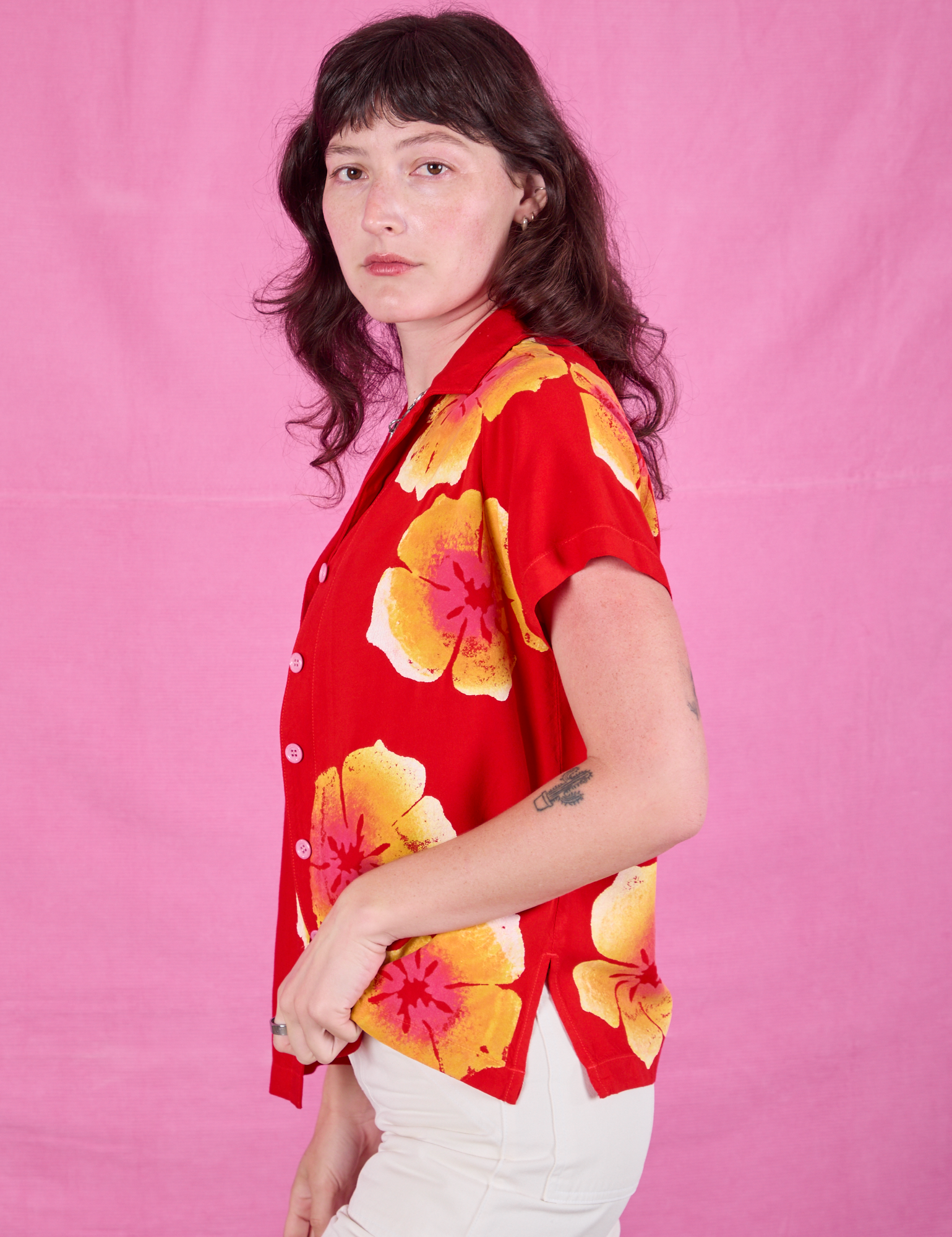 Side view of Paintstamped Pantry Button-Up in Mustang Red on Alex