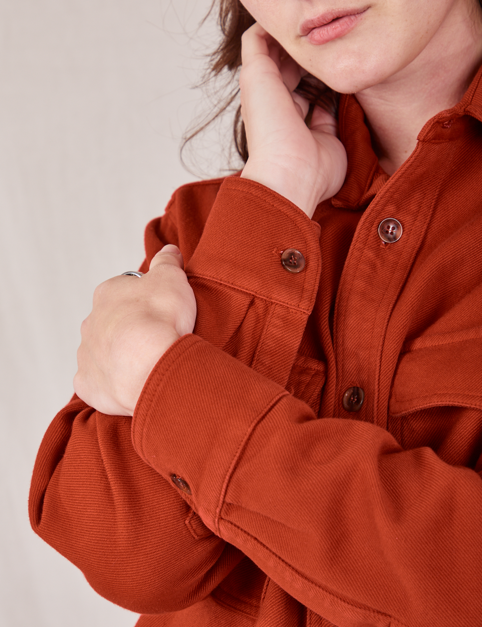 Sleeve close up of Flannel Overshirt in Paprika on Alex