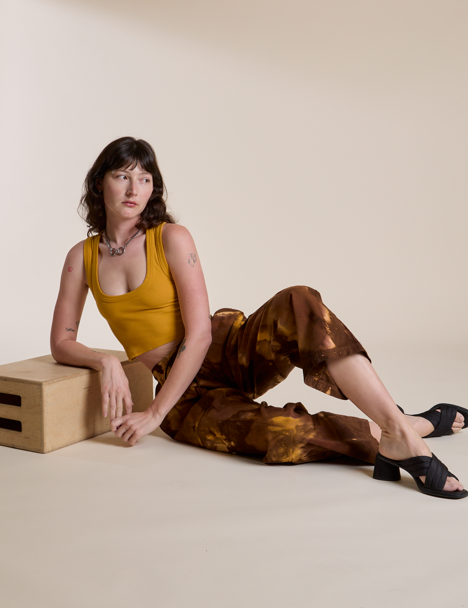 Magic Waters Drop Pocket Pants in Honey Brown and mustard yellow Cropped Tank on Alex