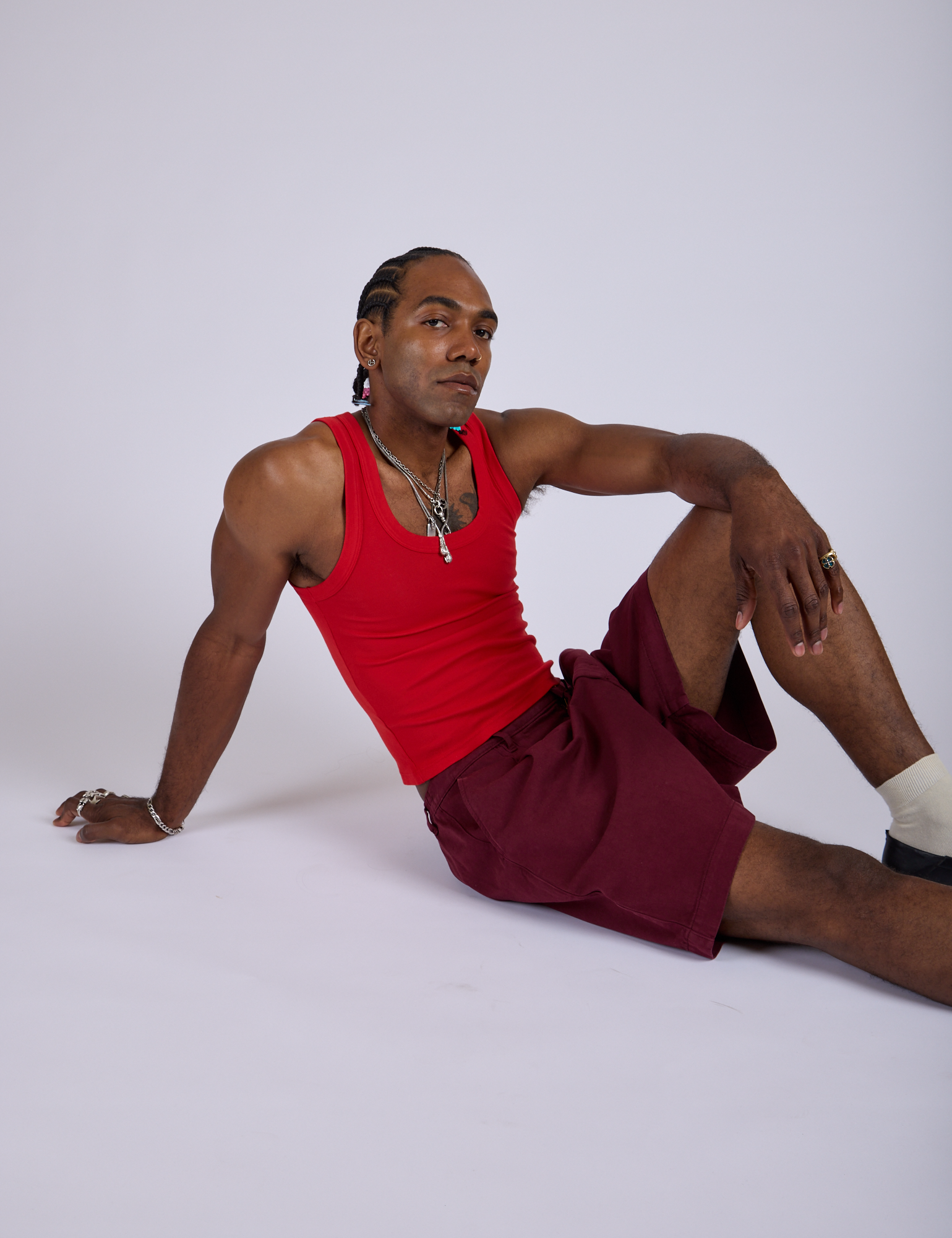 Pleated Trouser Shorts in Red Wine and mustang red Tank Top