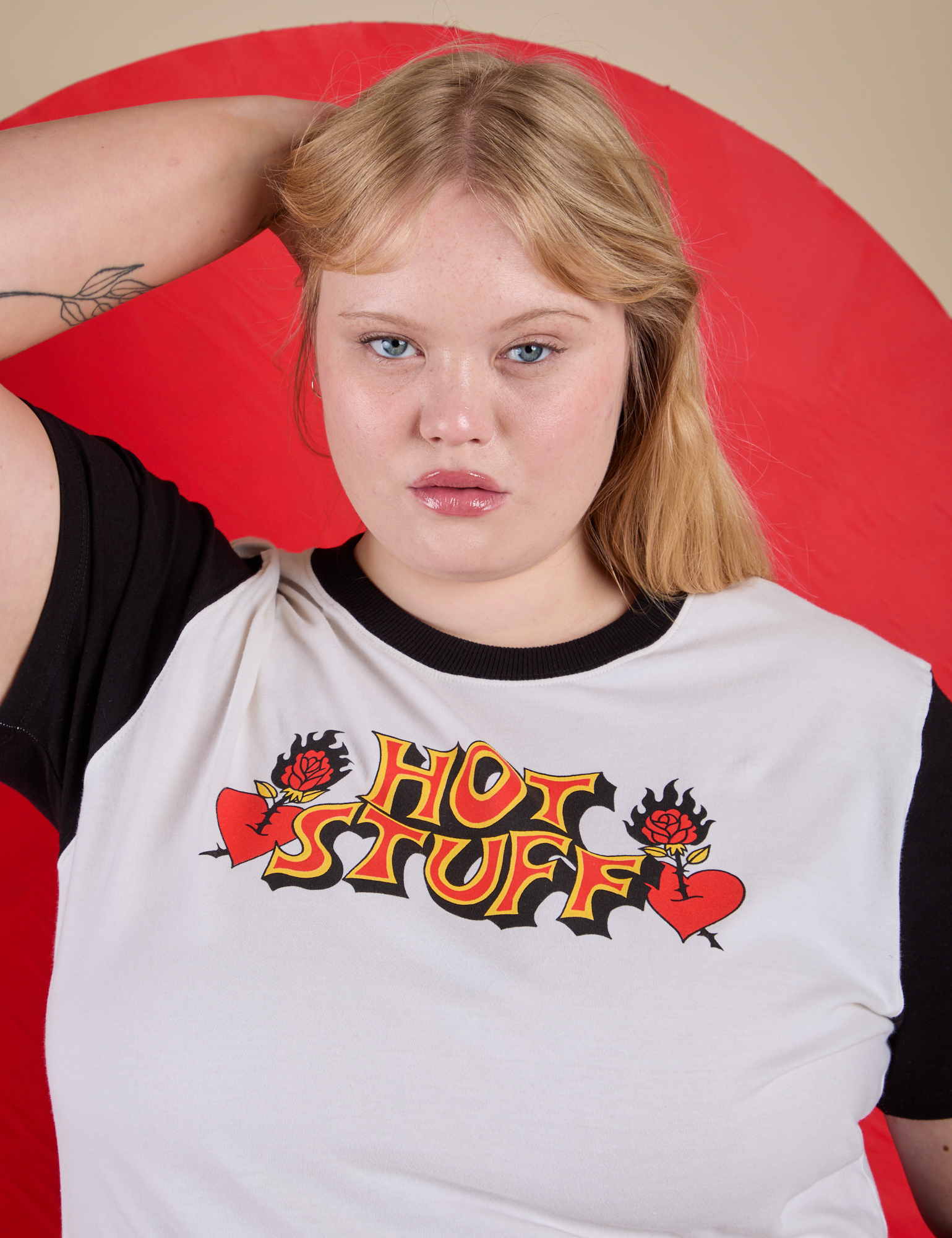 Front close up of Vintage Tee in Hot Stuff on Juliet