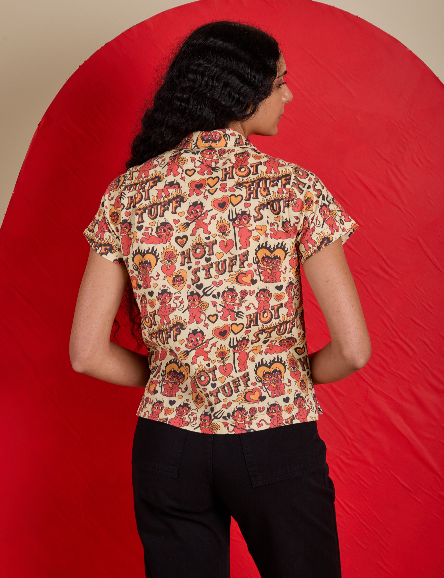 Hot Stuff Print Pantry Button-Up back view on Shahana