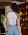 Short Sleeve Raglan Tee in Garlic back view on Alex