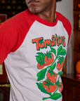 Side view close up of Short Sleeve Raglan Tee in Tomatoes on Jerrod