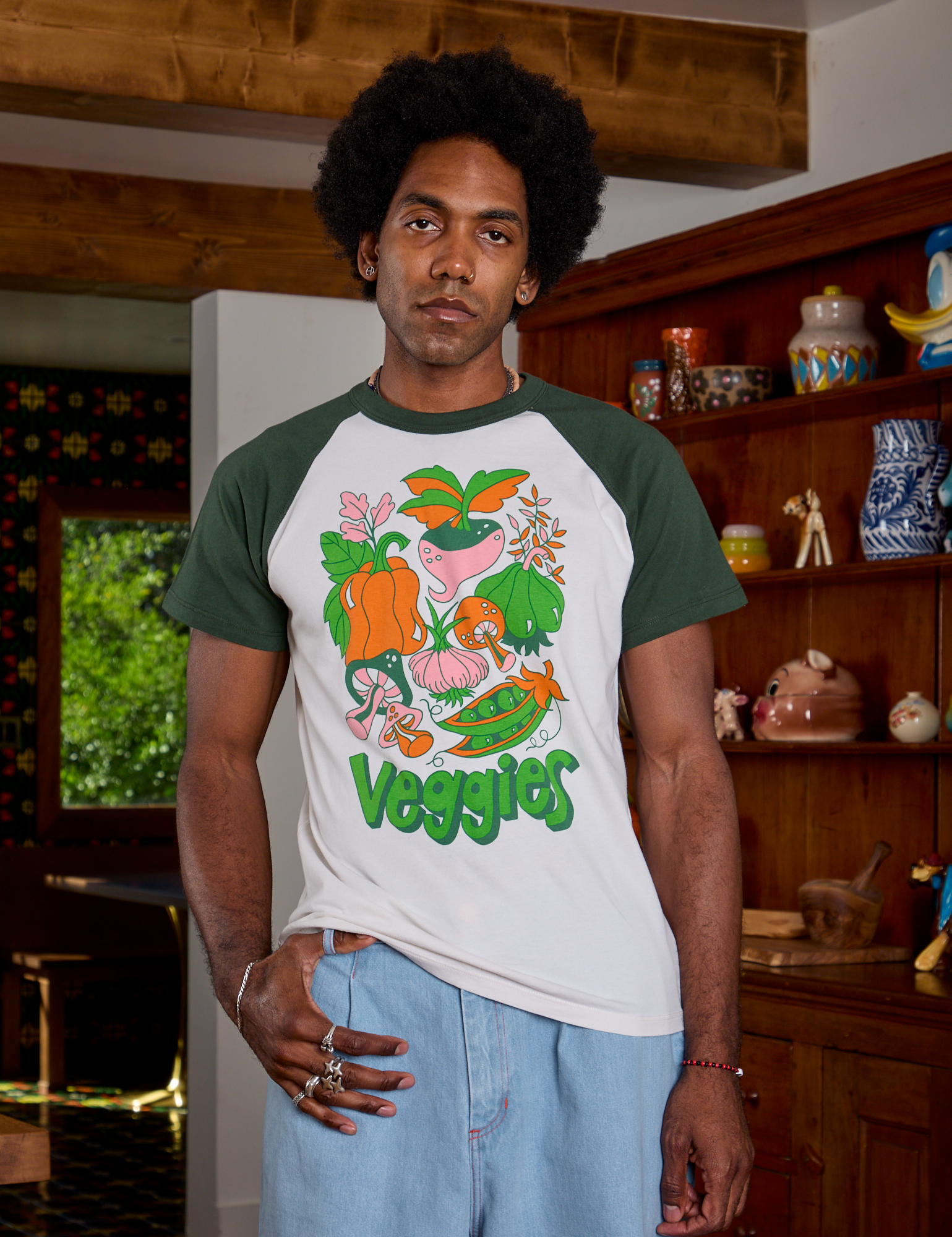 Jerrod is 6&#39;3&quot; and wearing M Short Sleeve Raglan Tee in Veggies