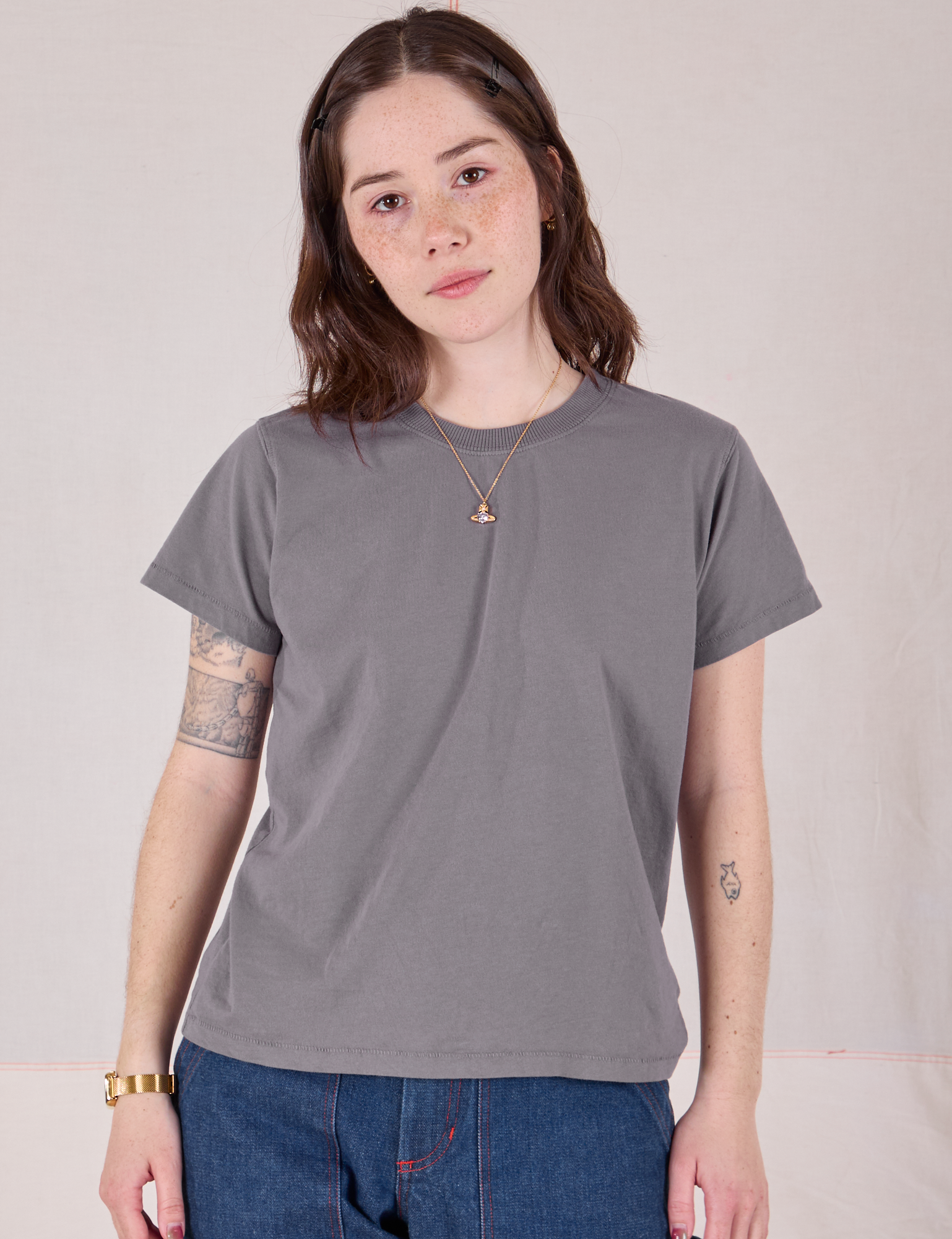 Hana is wearing Organic Vintage Tee in Washed Grey