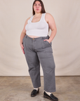 Marielena is 5'8" and wearing 2XL Work Pants in Washed Grey paired with Cropped Tank in vintage tee off-white