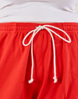 Wide Leg Sweat Pants in Mustang Red draw string close up on Ryan