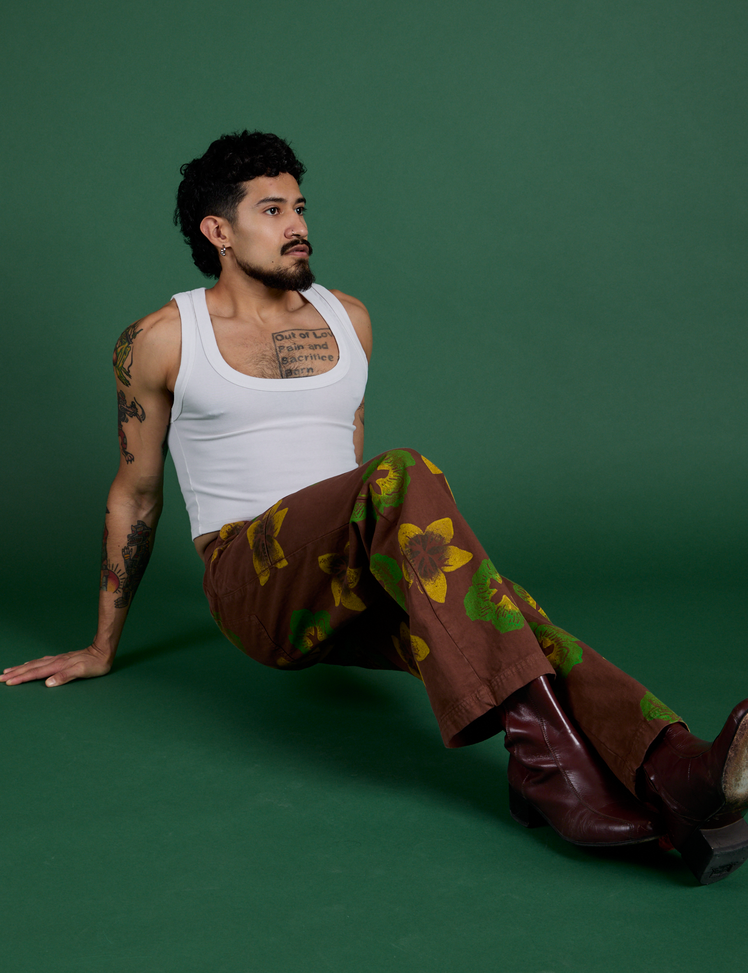 Floral Painted Work Pants in Brown and Cropped Tank in Vintage Tee White worn by Jesse