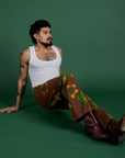 Floral Painted Work Pants in Brown and Cropped Tank in Vintage Tee White worn by Jesse