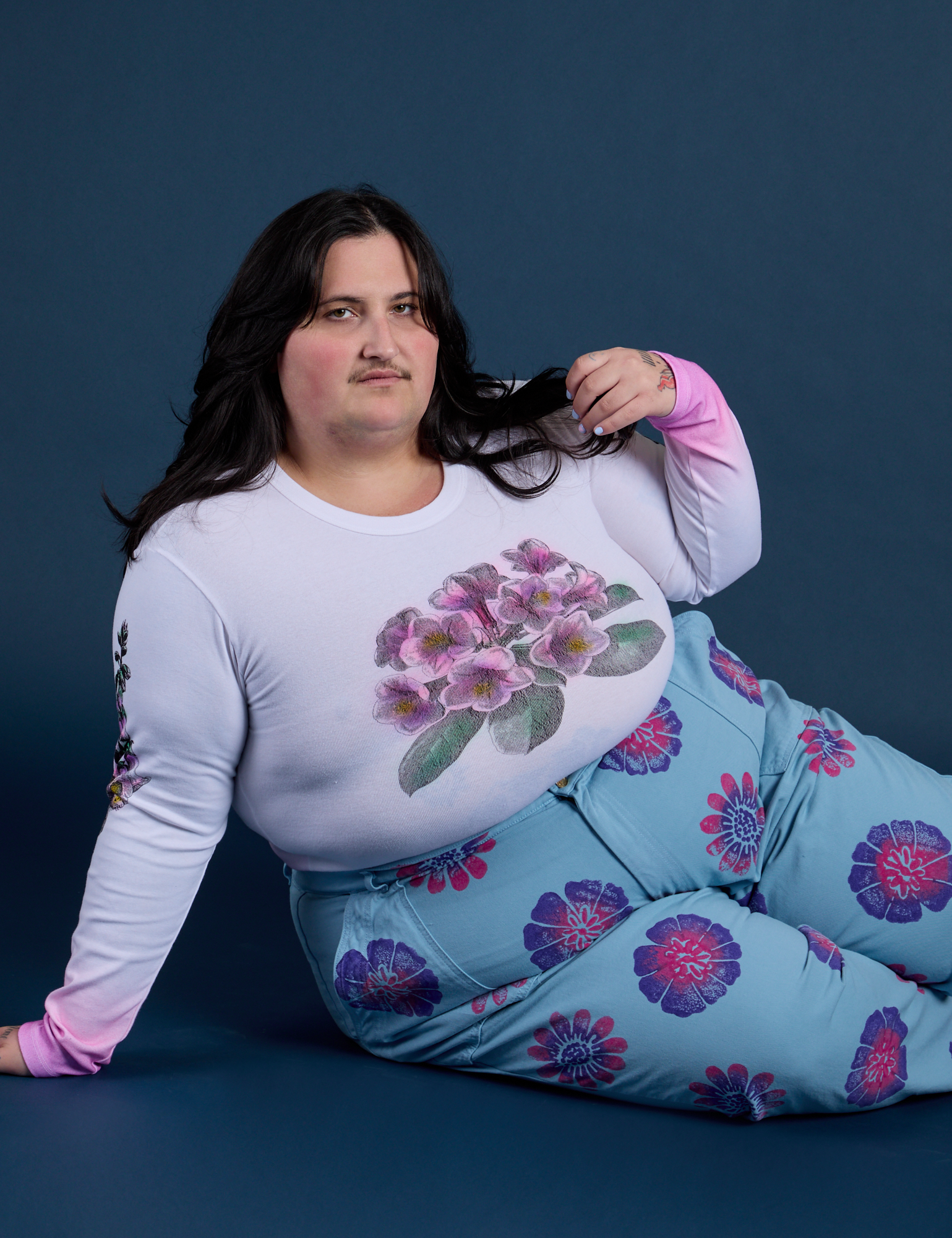 Floral Painted Work Pants in Blue and Floral Long Sleeve Baby Tee in Pink on Sam