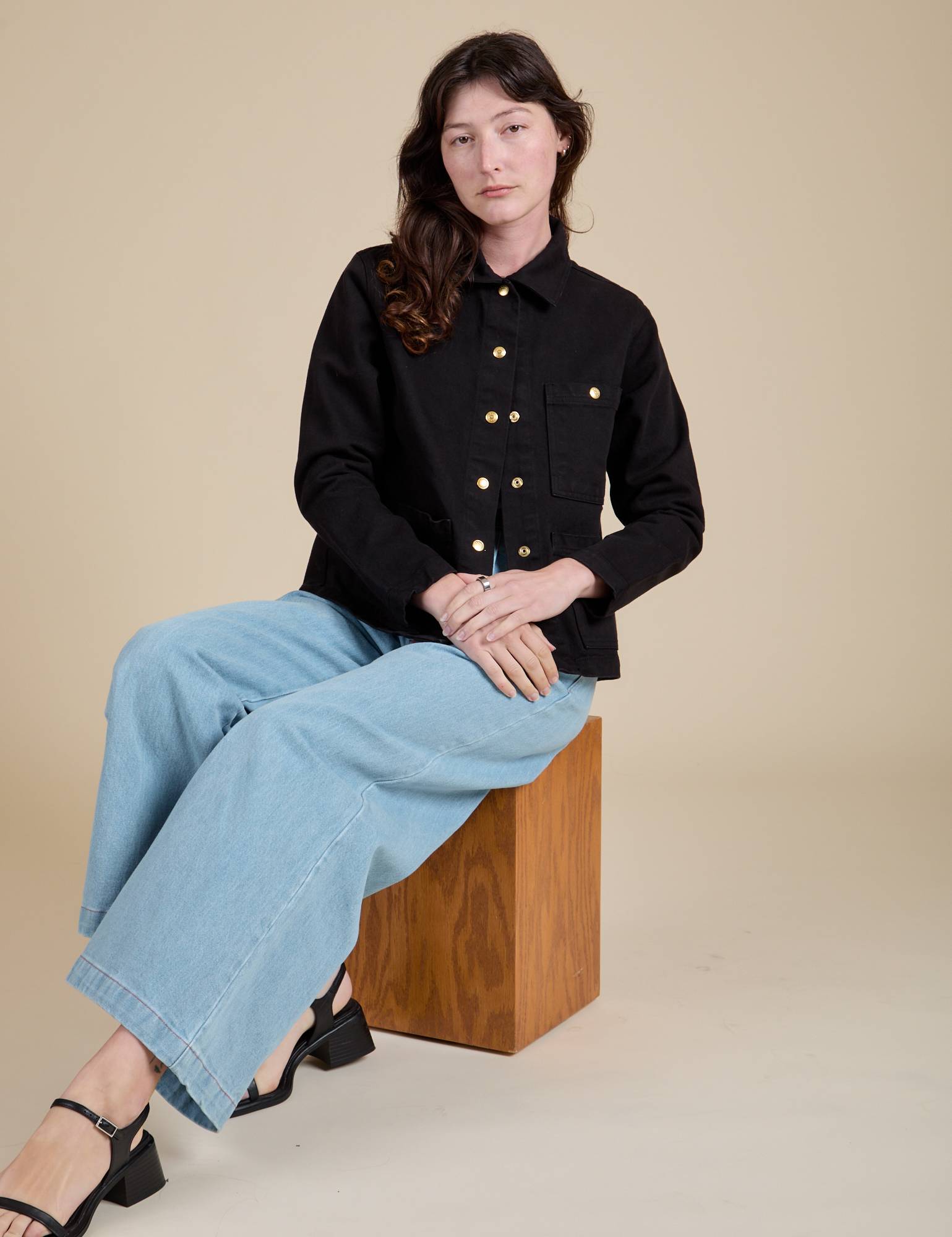 Work Jacket in Basic Black and light wash Indigo Wide Leg Trousers on Alex