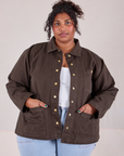 Morgan is 5'5" and wearing 1XL Denim Work Jacket in Espresso Brown