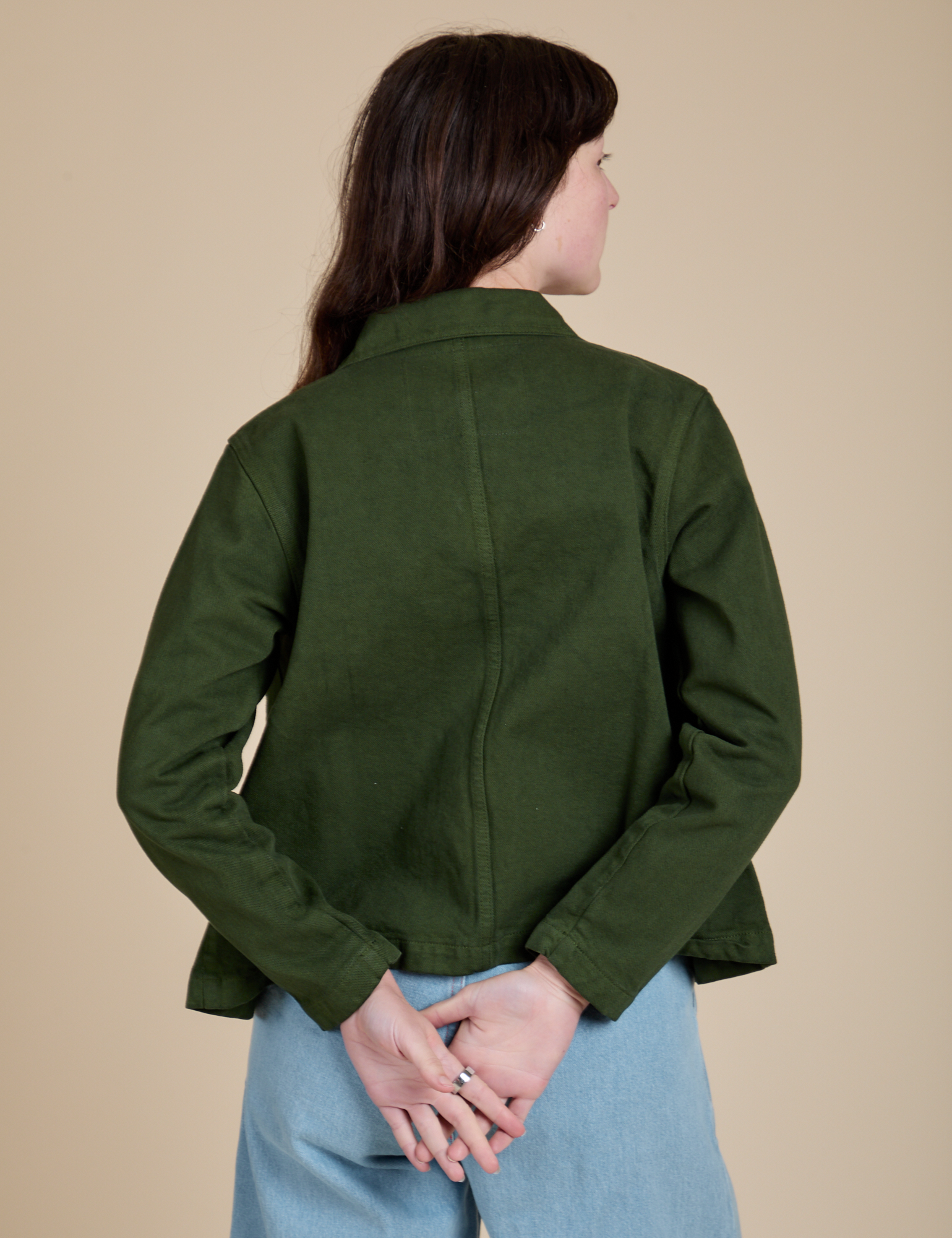 Denim Work Jacket in Evergreen back view on Alex