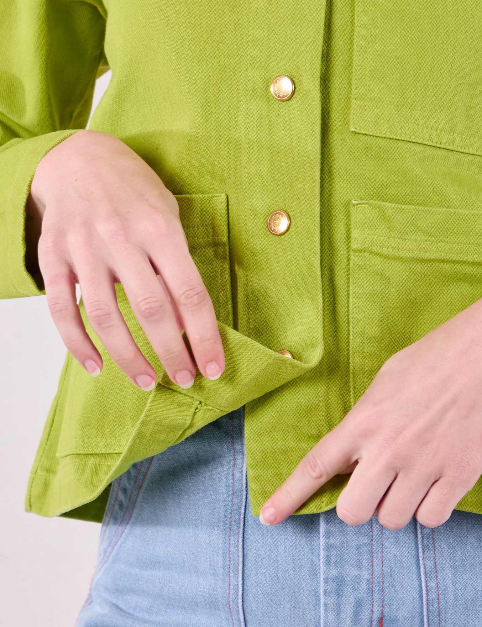 Denim Work Jacket in Gross Green front close up on Alex