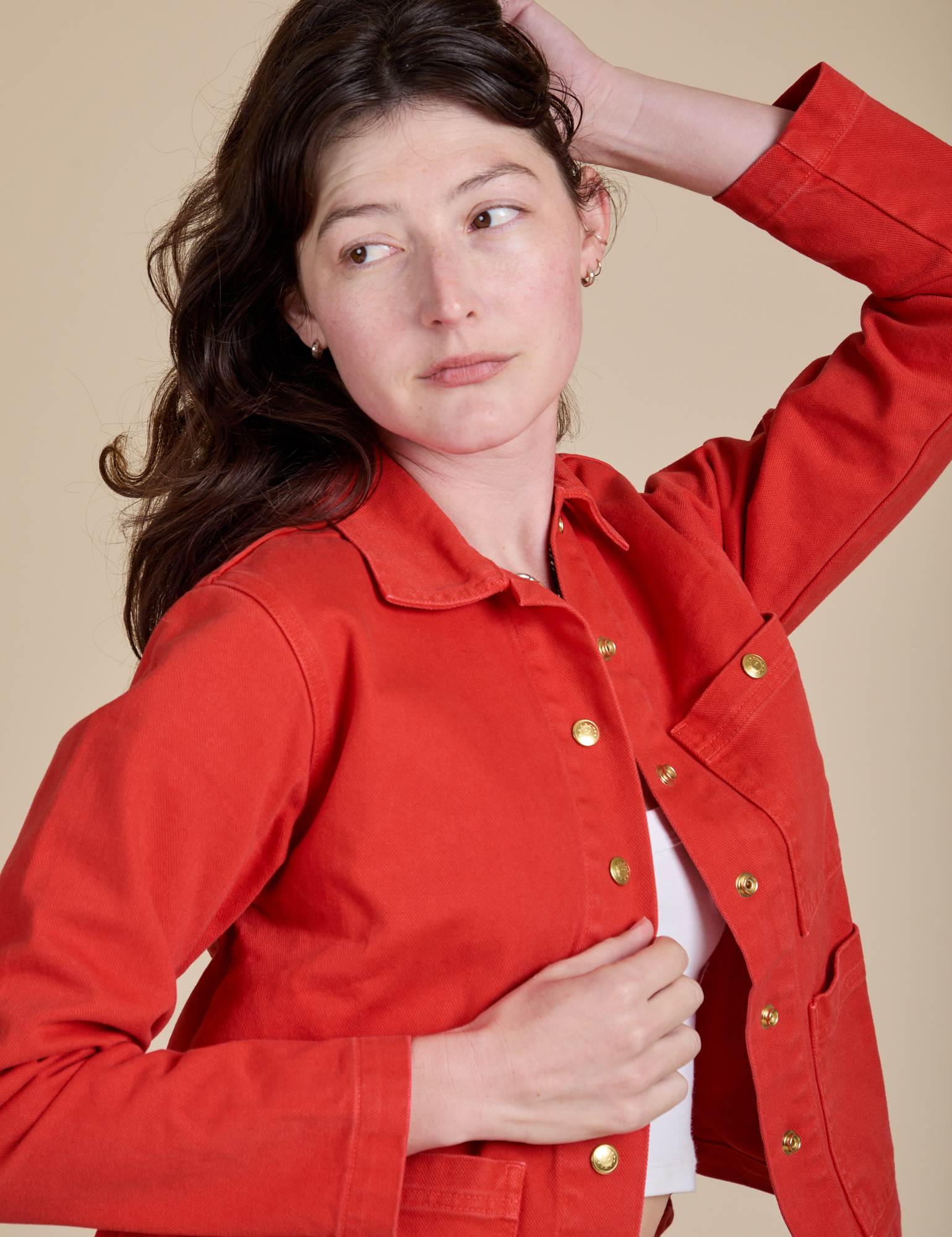 Denim Work Jacket in Mustang Red close up on Alex