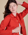 Denim Work Jacket in Mustang Red close up on Alex