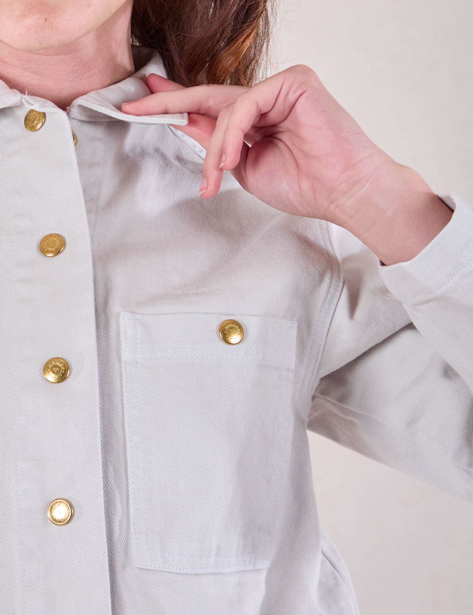 Denim Work Jacket in Stone White front close up on Alex