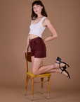 Classic Work Shorts in Red Wine and vintage tee white Cropped Tank worn by Alex