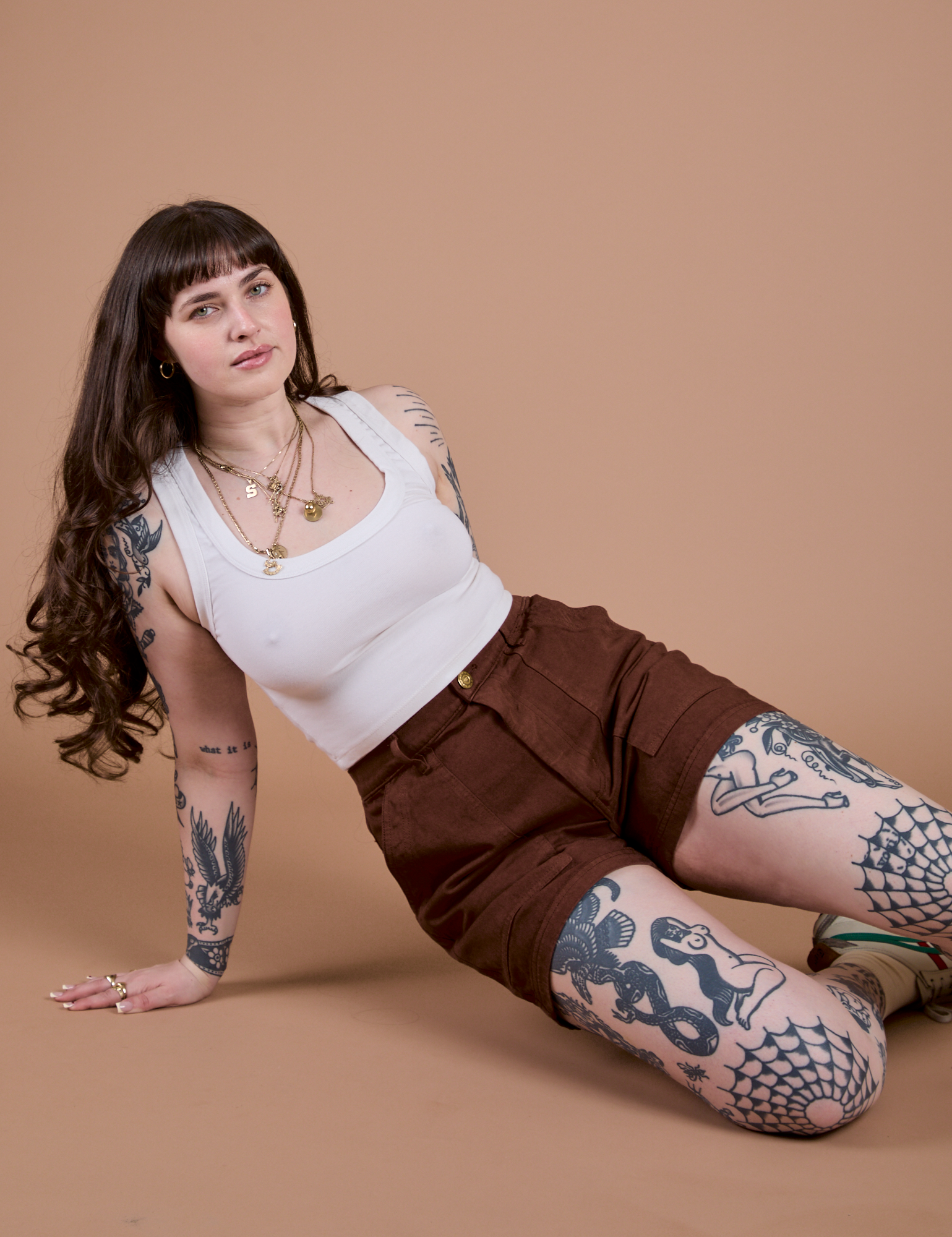 Cropped Tank in Vintage Tee White and Classic Work Shorts in Fudgesicle Brown worn by Sydney